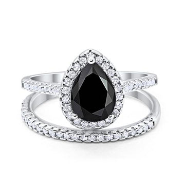 Teardrop Pear Bridal Set Engagement Ring Simulated Black Cubic Zirconia 925 Sterling Silver